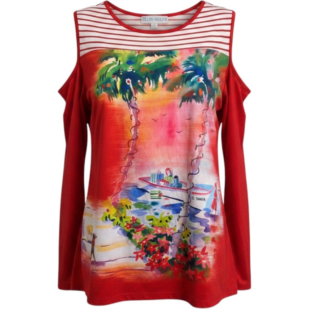 Ellen Negley Red Tropical Christmas Cold Shoulder Top Watercolor SS Santa M